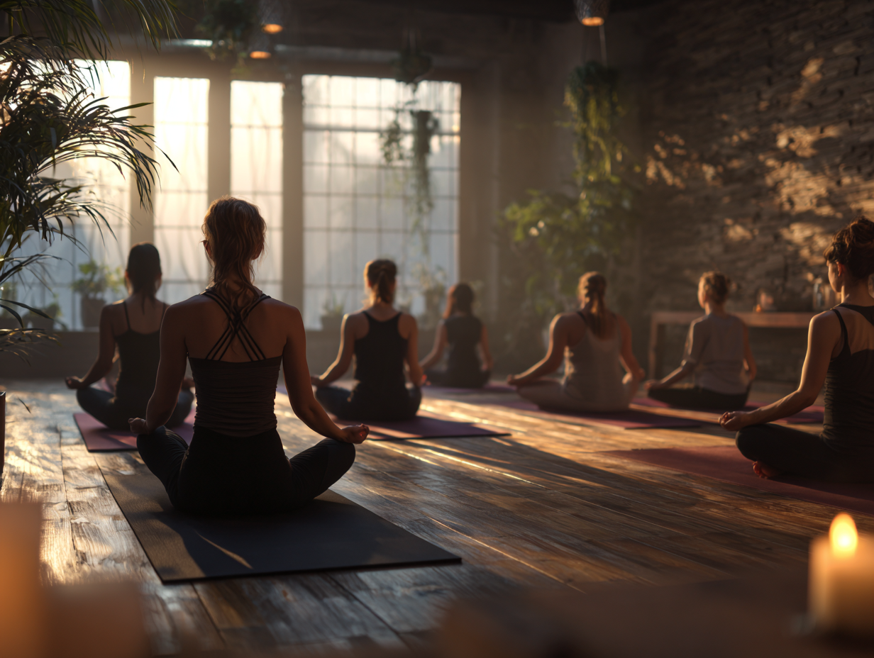 Група людей різного віку практикує йогу в затишній студії