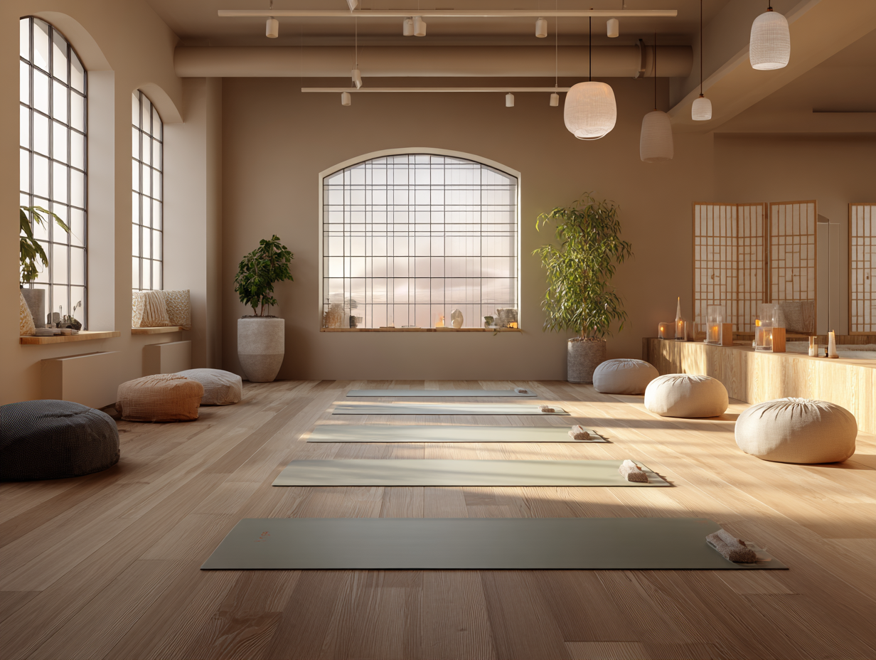 Мирна атмосфера йога-студії з м'яким освітленням